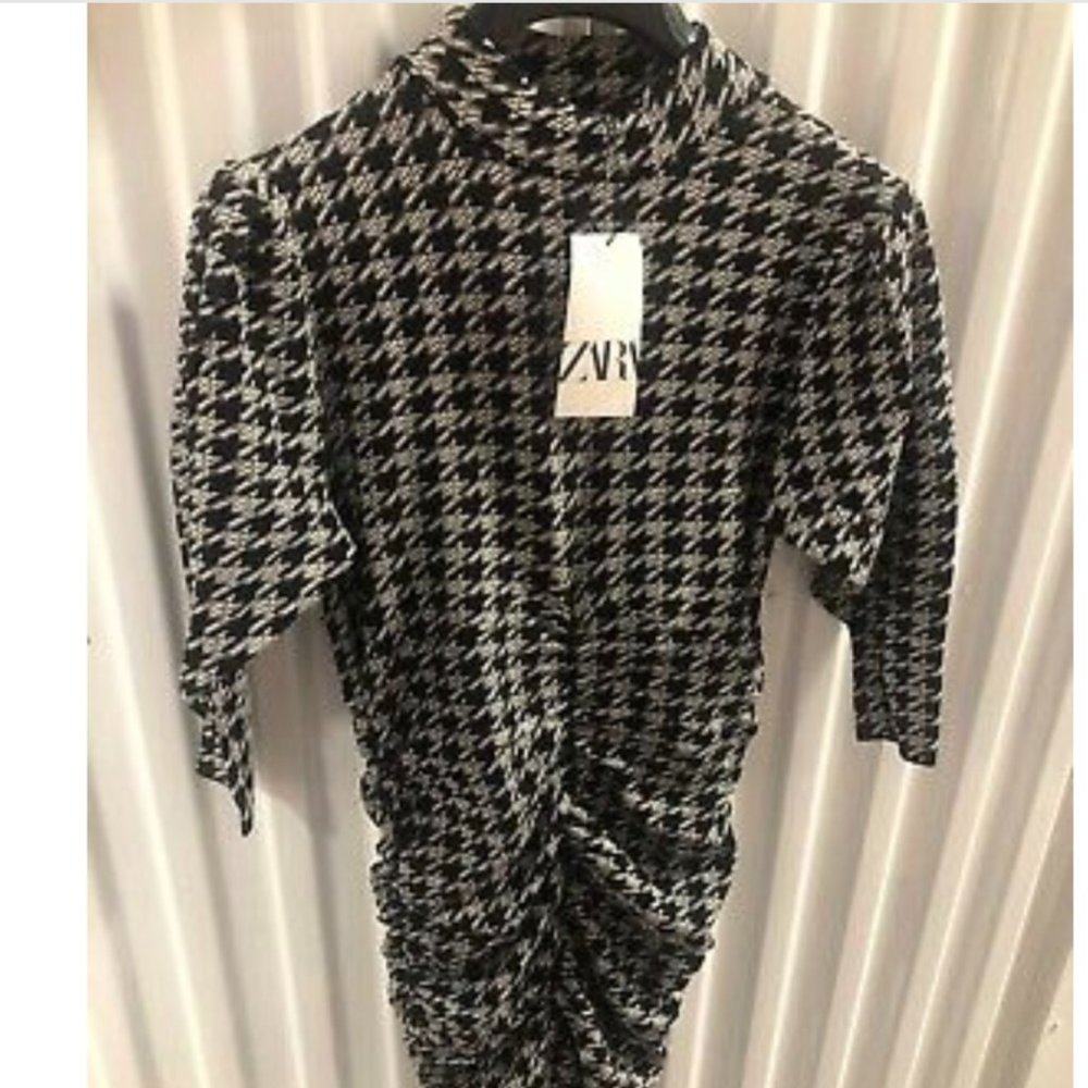 NWT ZARA Houndstooth Rushed Dress, S